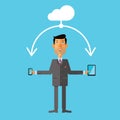 Businessman using cloud storage for smartphone and tablet. Vector illustration