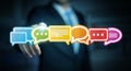 Businessman using colorful flat conversation icons 3D rendering