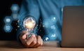 Businessman using computer cloud computing to download and loading data information and upload on system network application. Royalty Free Stock Photo