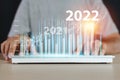Businessman using computer keyboard with with growth graph year 2022. stock exchange marketing analyzing chart. Royalty Free Stock Photo