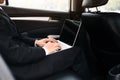Businessman using computer working car inside Royalty Free Stock Photo