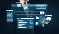 Businessman using digital marketing interface with ads and analytics Royalty Free Stock Photo