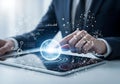Businessman using a digital tablet with futuristic interface and data visualization Royalty Free Stock Photo