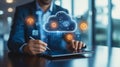 businessman using digital tablet to access cloud technology showcasing data and connectivity scene reflects innovation and Royalty Free Stock Photo