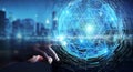Businessman using digital triangle exploding sphere hologram 3D Royalty Free Stock Photo