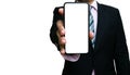 Businessman using holding smartphones white screen showing information