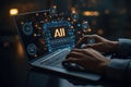 Businessman using laptop with AI tech for predictive analytics. Works on customer service chatbot data trends. Modern tech