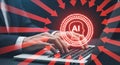 A businessman using a laptop with an artificial intelligence symbol and red arrows around it Royalty Free Stock Photo