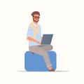 Businessman using laptop business man sitting on armchair working on notebook male cartoon character Royalty Free Stock Photo