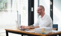 Businessman using laptop computer in office. Happy middle aged man, entrepreneur, small business owner working online. Royalty Free Stock Photo