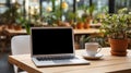 Mockup image of laptop with blank white screen on wooden table in cafe. AI Generated Royalty Free Stock Photo