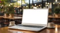 Mockup image of laptop with blank white screen on wooden table in cafe. AI Generated Royalty Free Stock Photo