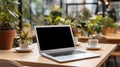 Mockup image of laptop with blank white screen on wooden table in cafe. AI Generated Royalty Free Stock Photo