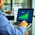 Businessman using laptop to display cost reduction graph. Concept of cost control, budgeting, profit maximization Royalty Free Stock Photo