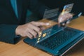 Businessman using laptop with virtual screen interface for file management and data searching. Digital technology concept for Royalty Free Stock Photo