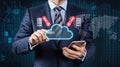 Businessman using mobile phone for cloud computing security with alert symbols Royalty Free Stock Photo