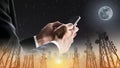 Businessman using mobile phone with double exposure panoramic telecommunication towers and cityscape in sunrise and night sky Royalty Free Stock Photo