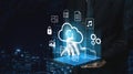 Businessman using modern digital tablet with cloud computing icons and technology symbols for data management and Royalty Free Stock Photo