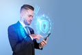 Businessman using phone, earth and cybersecurity hologram, shield with binary Royalty Free Stock Photo