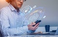 Businessman working with smartphone and laptop, fingerprint hud hologram Royalty Free Stock Photo