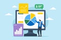 Businessman using resource planning software to analyze pie chart, illustrating managing projects and resources using ERP