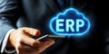 Businessman Using Smartphone Accessing Cloud ERP System, Modern Business Technology Concept Royalty Free Stock Photo