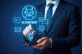 Businessman using a smartphone with AI chatbot interface and icons artificial intelligence virtual assistant Royalty Free Stock Photo