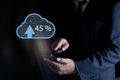 Businessman using smartphone with arrows and percent going up backing up data on cloud technology. Global cloud computing, digital Royalty Free Stock Photo