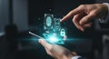 Businessman using smartphone for biometric authentication, touching virtual icons for fingerprint face id, for advanced Royalty Free Stock Photo