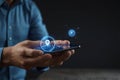 Businessman using smartphone for location tracking and user data analysis