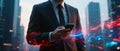 Businessman Using Smartphone with Flowing Digital Data Effects Royalty Free Stock Photo