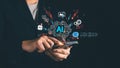 Businessman using smartphone with virtual AI interface, symbolizing artificial intelligence, data technology, digital Royalty Free Stock Photo