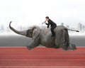 Businessman with using speaker riding on elephant