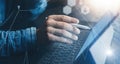 Businessman using tablet device and electronic pen stylus while working at office.Closeup view of male hands pointing Royalty Free Stock Photo