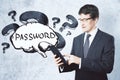 Businessman using tablet with drawing question mark and password text Royalty Free Stock Photo