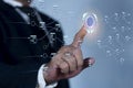 Businessman using technology smart robot AI. Database and process automation to manage files, knowledge, and documentation in the