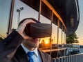 Businessman using virtual reality glasses in a business center Royalty Free Stock Photo