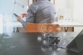 businessman using VOIP headset with digital tablet computer and