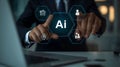 Businessman utilizing artificial intelligence with interactive graphical interface for business growth and enhanced productivity Royalty Free Stock Photo