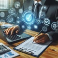 180 46. Businessman utilizing laptop computer with quality asur