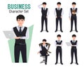 Businessman vector character set. Business man office characters in holding laptop, working and thinking pose and gestures. Royalty Free Stock Photo