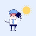 Businessman very hot with folding fan blow and the sun. Cartoon character thin line style vector