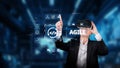 Businessman in Virtual Reality Environment Using Agile Methodologies to Optimize Project Management and Collaboration on Royalty Free Stock Photo