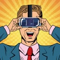 Businessman virtual reality pop art cartoon