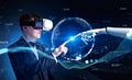 Businessman in vr glasses, robot finger and earth sphere hologra