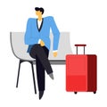 Businessman waiting for flight on bench with suitcase, isolated character Royalty Free Stock Photo