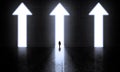 Businessman walking through arrow up door from a great dark hall or room. Business arrows gate, light glows arrow door. Conceptual Royalty Free Stock Photo