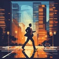Businessman walking in the city at night. Business concept. illustration