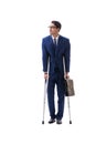The businessman walking with crutches isolated on white background Royalty Free Stock Photo