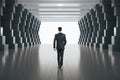 Businessman walking in minimalistic concrete tunnel interior Royalty Free Stock Photo